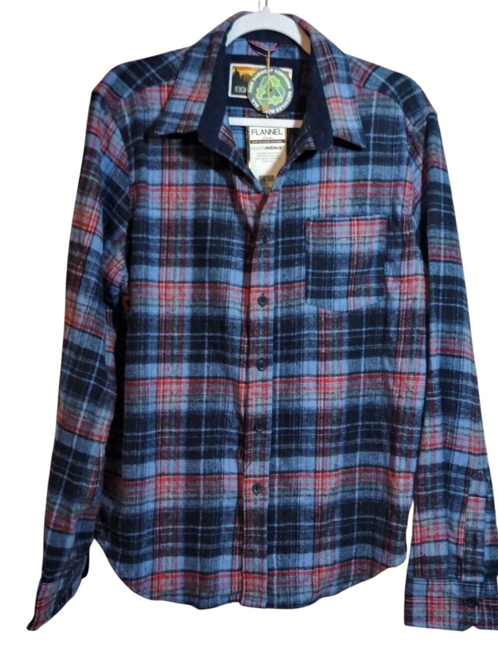 Eighth Avenue Flannel Plaid Button-Up Shirt Soft Blue Red Size L